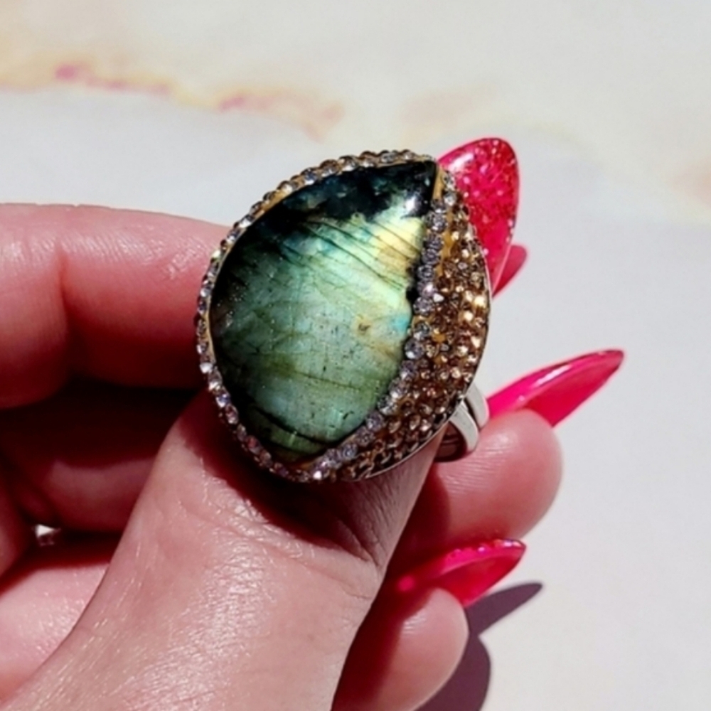Natural Labradorite & Pave set Hematite Large Silver Ring